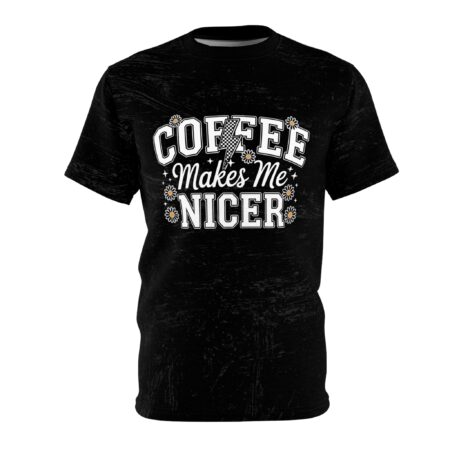 Black sublimation tee with "Coffee Makes Me Nicer" graphic, featuring checkered lightning bolt and daisy accents.