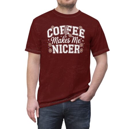 White text with a checkered lightning bolt and small daisies on a textured maroon t-shirt.