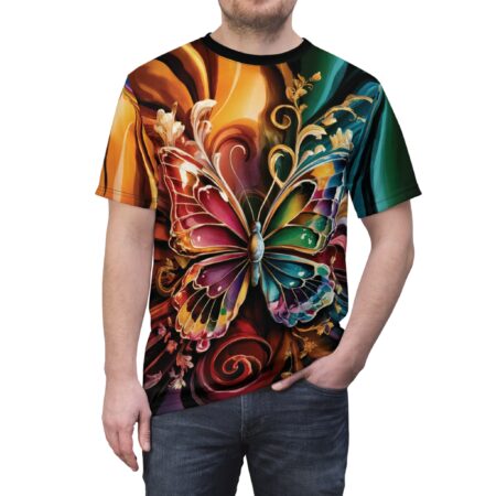 Vibrant rainbow butterfly wings and swirling golden floral accents cover this full print shirt, set against a backdrop of warm oranges and deep greens.