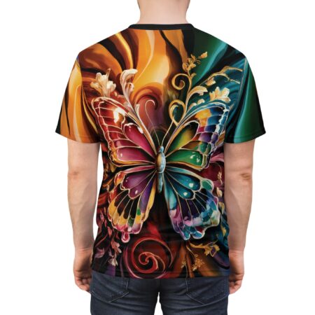 Vibrant rainbow hues and golden filigree adorn this butterfly t-shirt, featuring swirling abstract backgrounds.