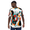 Red, blue, and orange abstract shapes, black and white checkered patterns, and scattered dots cover this seamless pattern tee, with a light blue textured circle and white background elements.