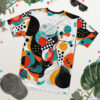 Teal, orange, red, and yellow abstract shapes, black dots, and checkerboard patterns cover this patterned tee shirt, with a light blue circular face-like design.