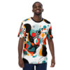 Red, blue, orange, black, and white abstract shapes and dots cover this oversized full print tee, featuring a dynamic collage of geometric forms and organic curves.