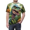 Vibrant blues, greens, and oranges cover this oversized full print tee, depicting a fierce dinosaur surrounded by lush jungle foliage and tropical flowers.