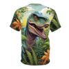 Teal and green dinosaur, orange flowers, and lush green foliage cover this all over print t-shirt, set against a sky with clouds.