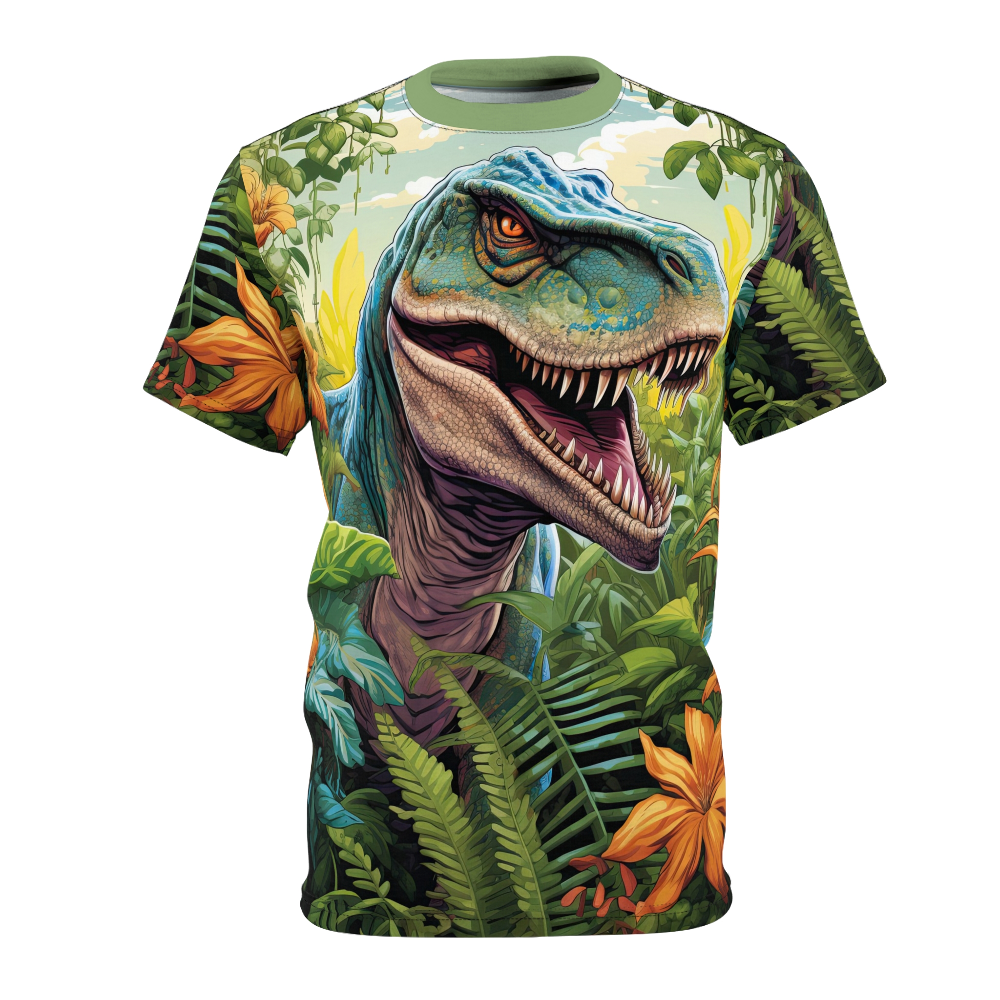 Vibrant green dinosaur and orange flowers in a lush jungle setting cover this oversized full print tee, with a sky backdrop.