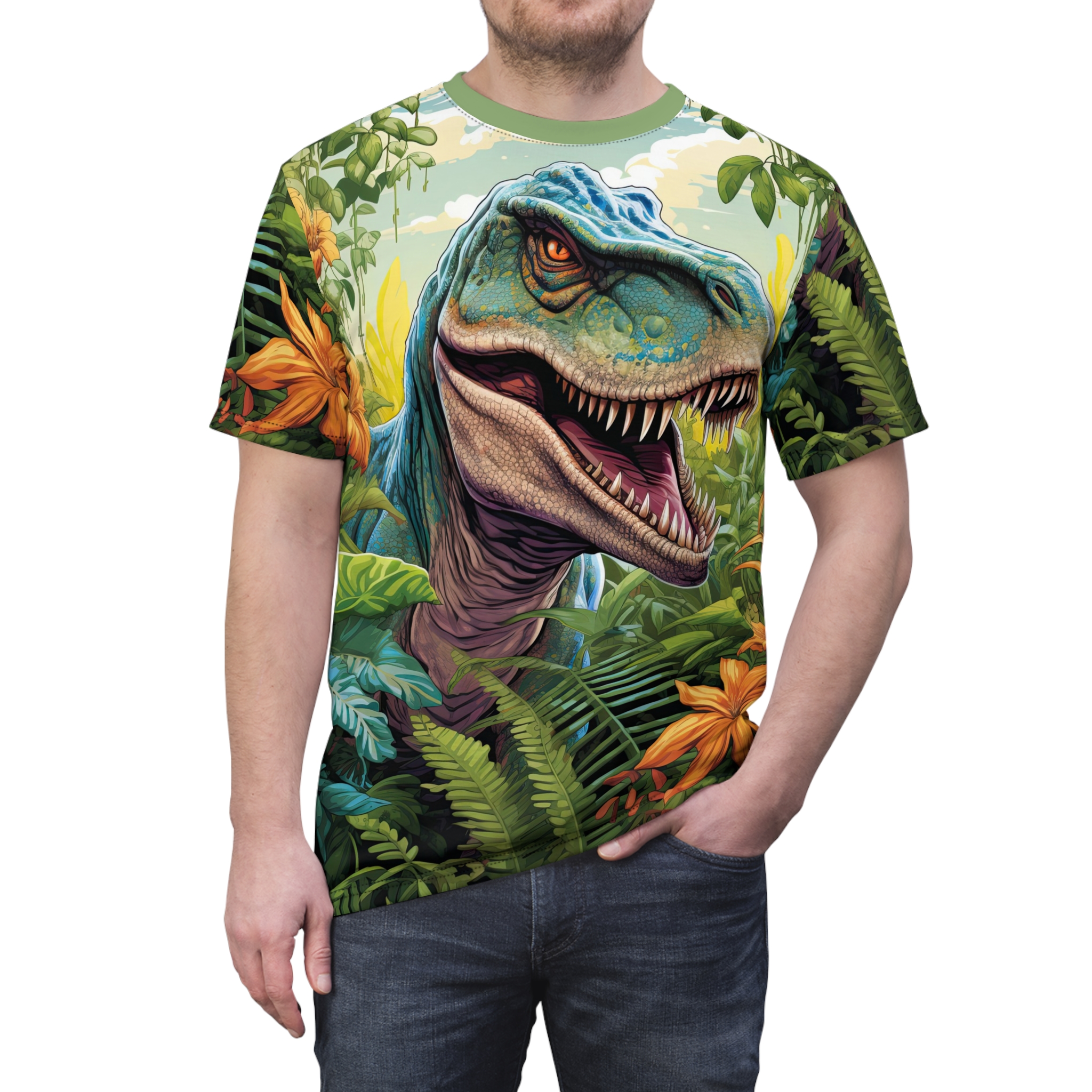 Vibrant blues, greens, and oranges cover this oversized full print tee, depicting a fierce dinosaur surrounded by lush jungle foliage and tropical flowers.