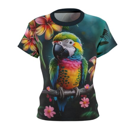 Colorful macaw parrot perched on a branch with tropical flowers, all over print sublimation tee with vibrant rainforest graphic.
