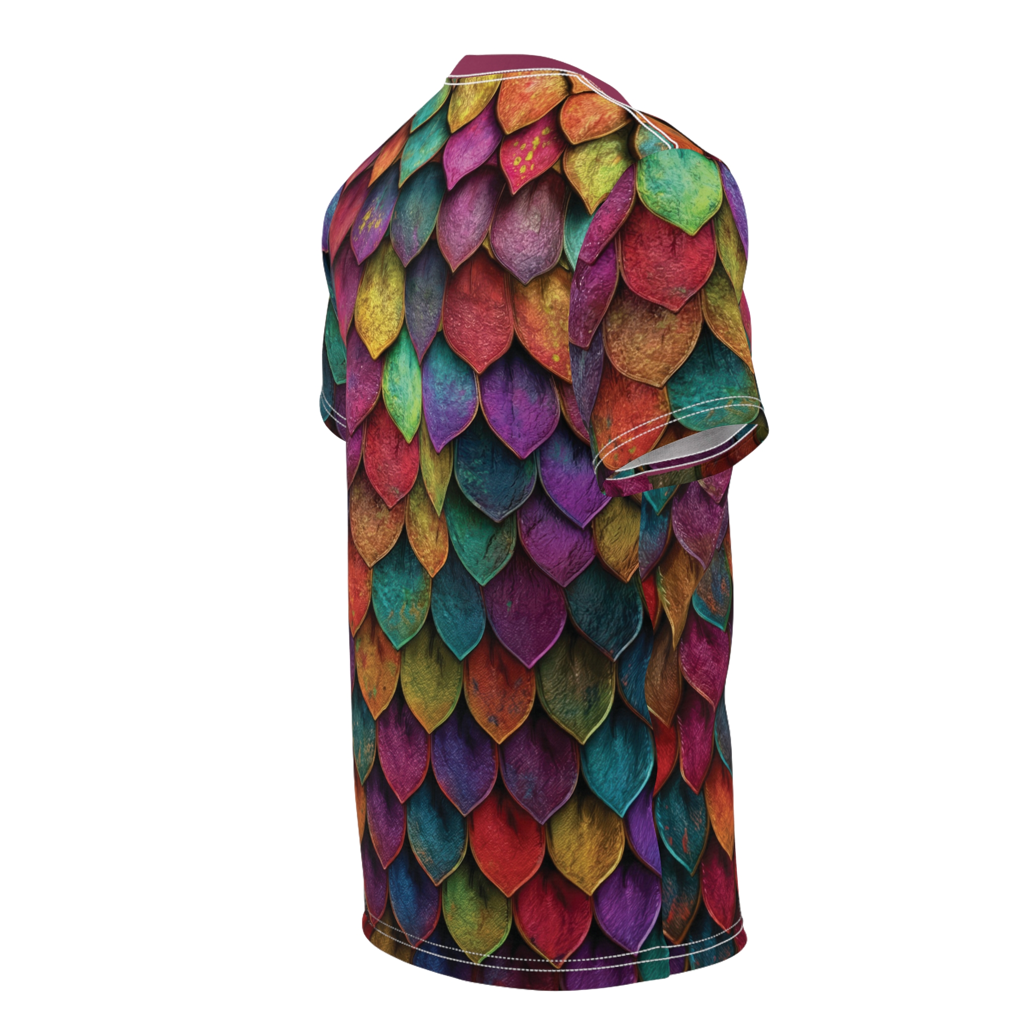Crimson, gold, teal, and purple scales cover this sublimation graphic tee for a mythical vibe.