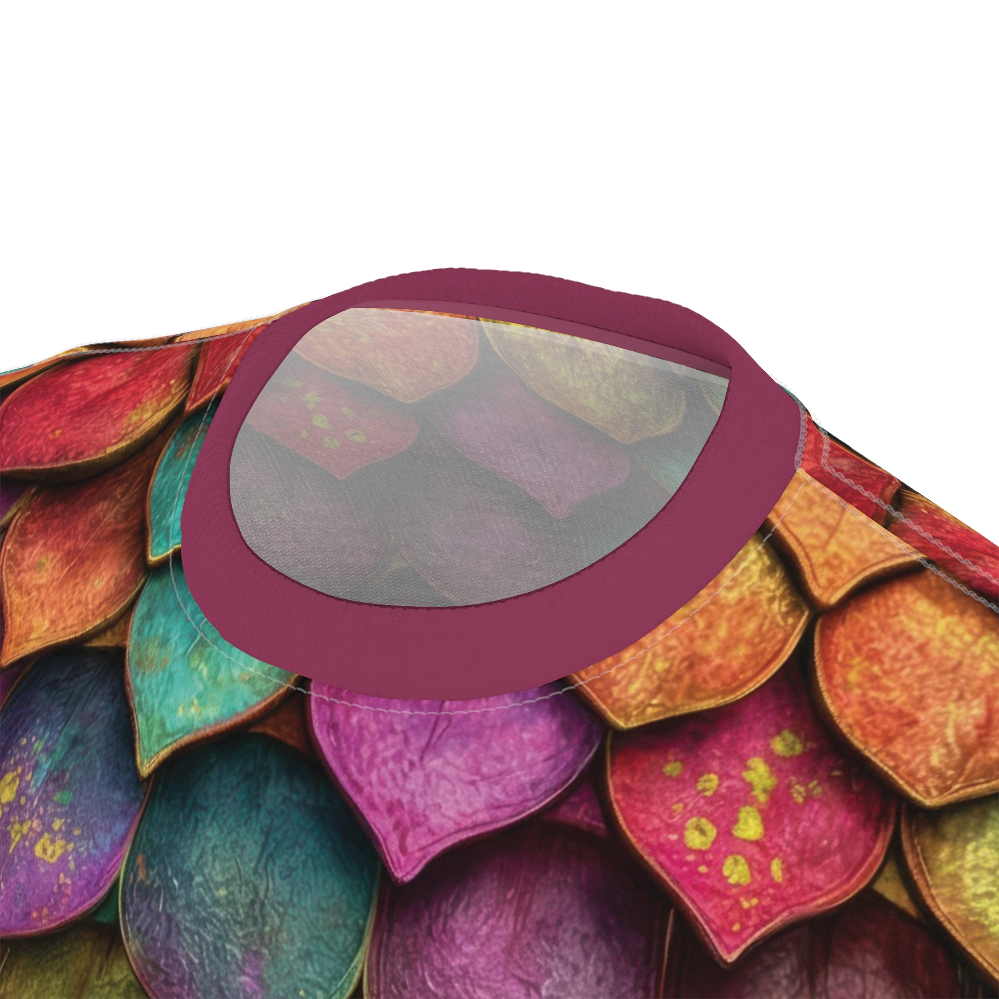 Red, orange, teal, and purple textured mermaid scales cover this graphic streetwear tee with a vibrant, iridescent shimmer.