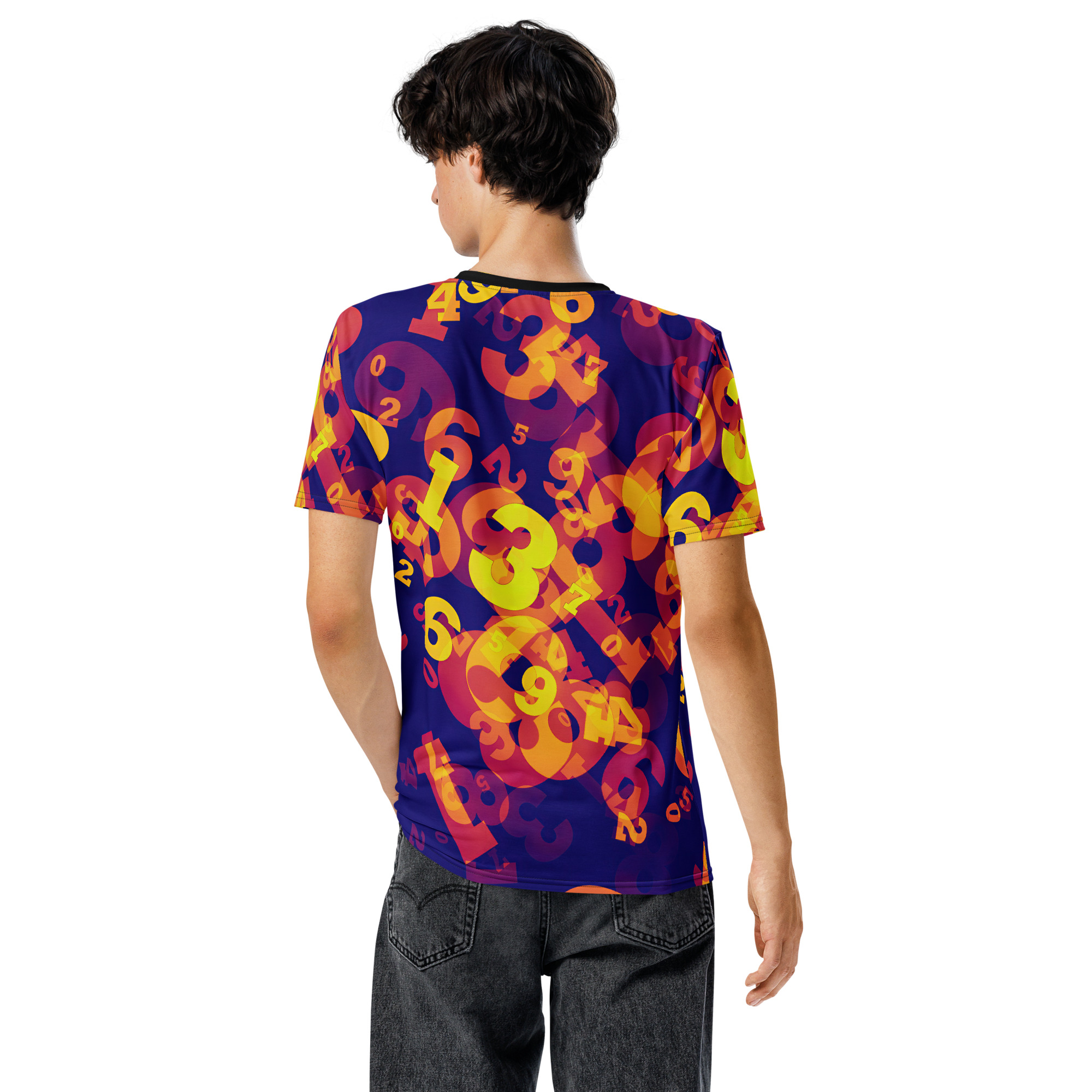 Yellow, orange, and pink numbers overlay a dark blue background on this full print graphic tee, with numbers overlapping and layered to create a dynamic visual.