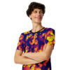 Vibrant orange, yellow, and pink numbers cover this sublimation graphic tee, set against a deep navy background with subtle purple gradients.