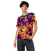 Vibrant yellow, orange, and red numbers overlap on a dark blue background covering this sublimation graphic tee.