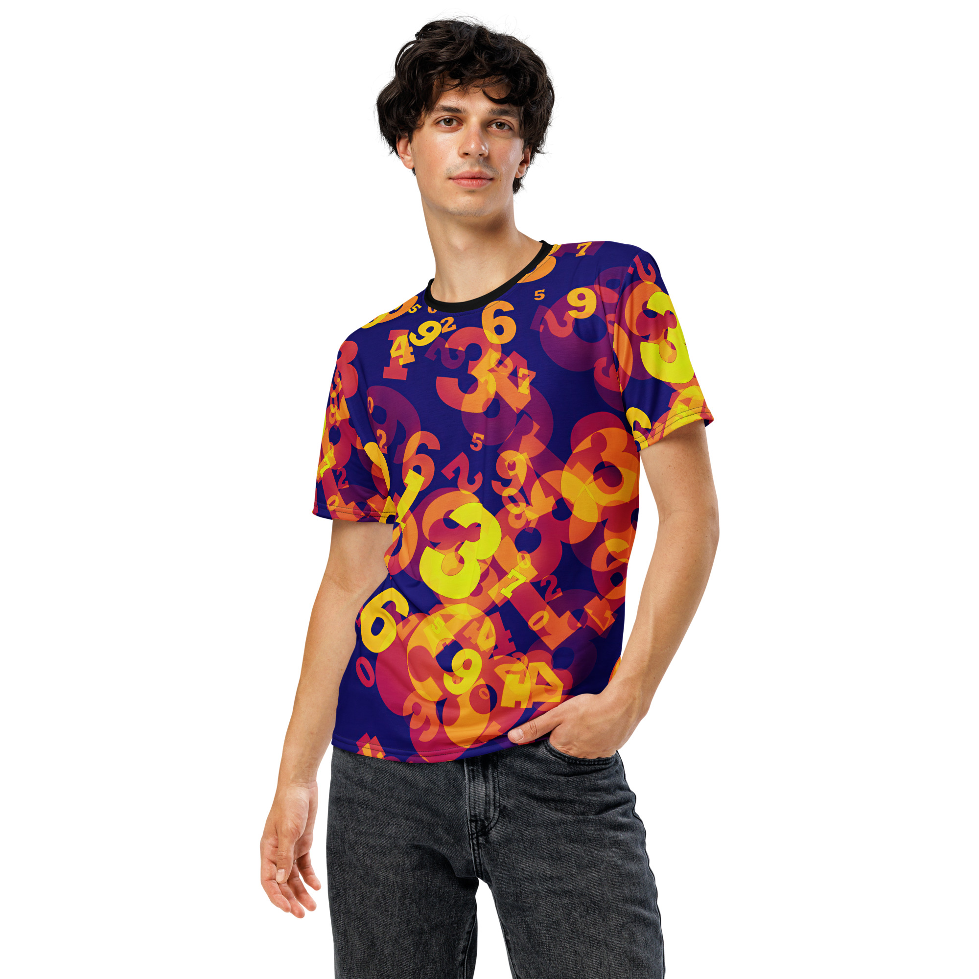 Vibrant yellow, orange, and red numbers overlap on a dark blue background covering this sublimation graphic tee.