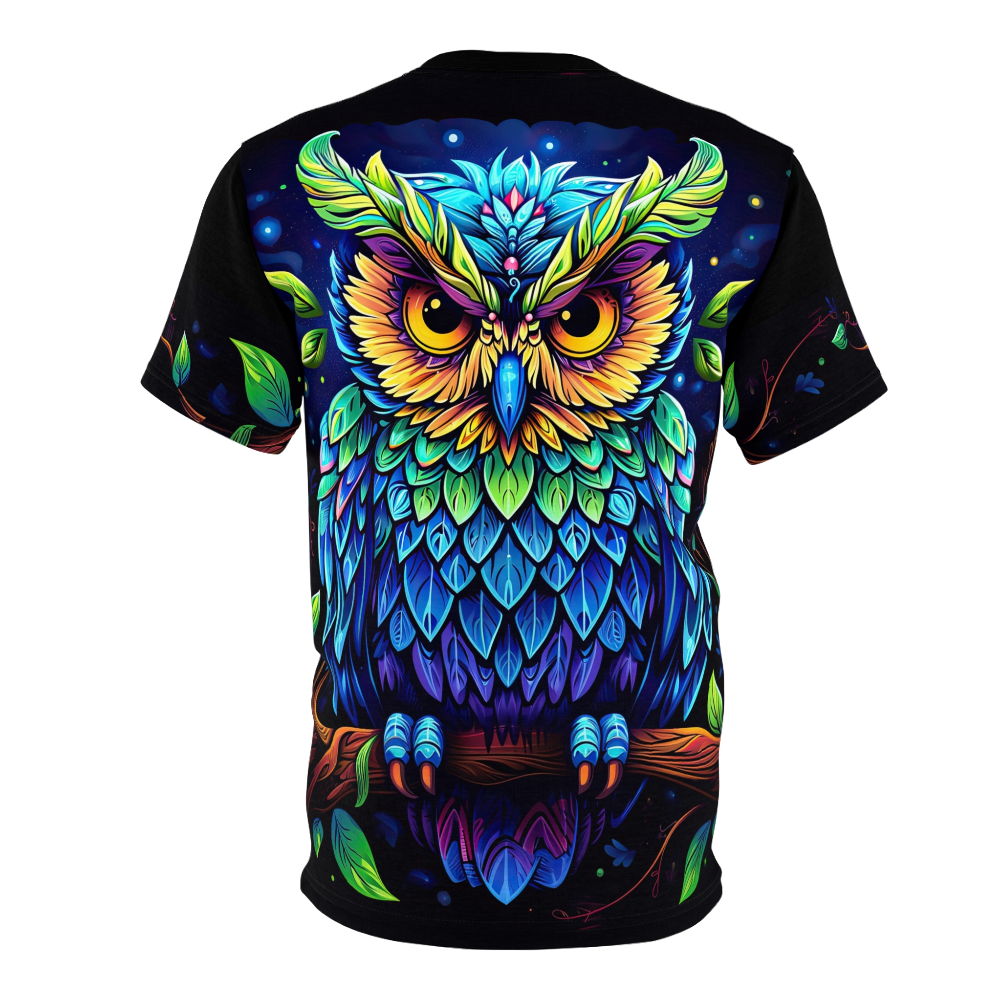 Vibrant blues, greens, yellows, and oranges form a detailed owl perched on a branch against a dark, starry background on this graphic streetwear tee.
