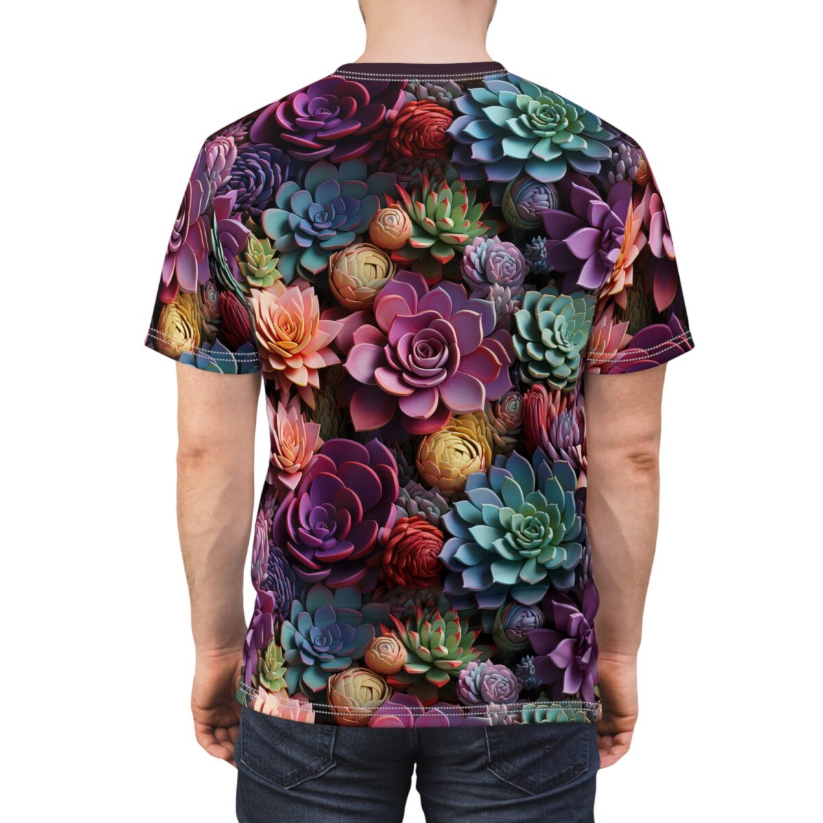 Vibrant purples, teals, and pinks depict a dense cluster of succulents, filling the entire surface of this graphic tee.