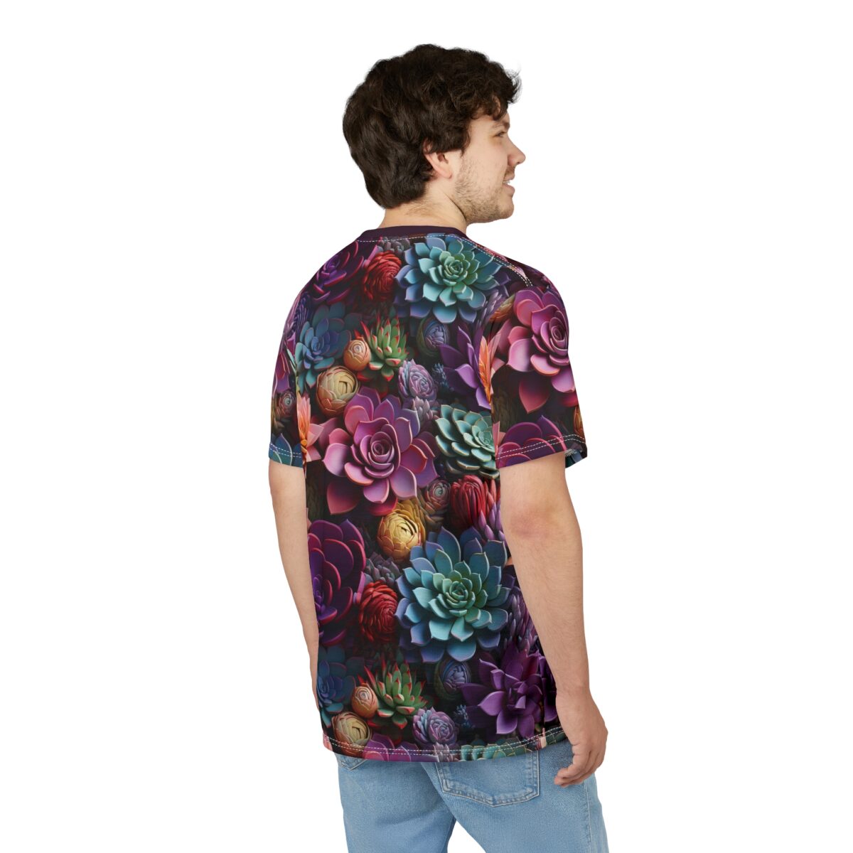 Vibrant purples, blues, greens, and pinks depict a dense arrangement of succulents on this sublimation graphic tee.