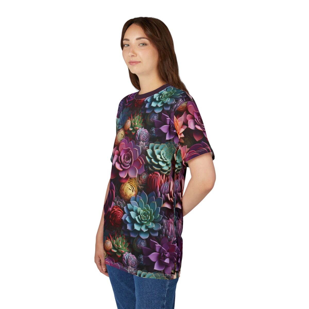 Colorful succulent all over print sublimation tee featuring a seamless wrap around floral graphic.