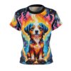 Colorful, trippy festival all over print t-shirt, vibrant psychedelic dog graphic, surrounded by abstract flames, seamless sublimation design.