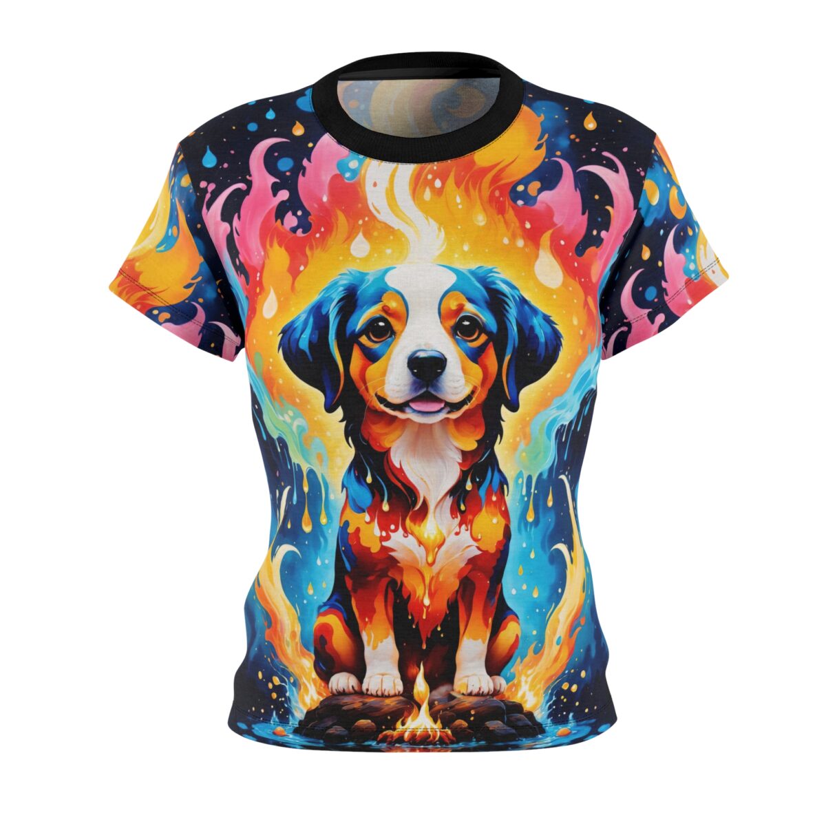 Colorful, trippy festival all over print t-shirt, vibrant psychedelic dog graphic, surrounded by abstract flames, seamless sublimation design.
