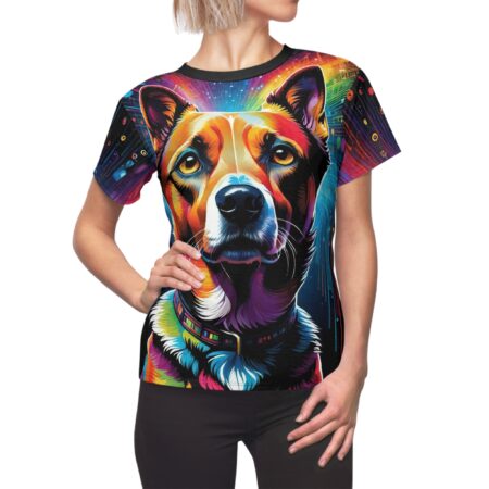 Colorful all over print t-shirt, stylized psychedelic dog graphic, seamless sublimation design, vibrant neon hues, black collar detail, cyber grunge aesthetic.