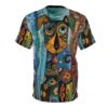 A vibrant and abstract t-shirt design featuring a dog's face composed of various geometric shapes and patterns in a bold color palette.
