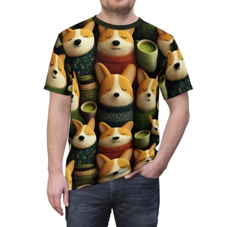All over print sublimation tee featuring cute corgis in sweaters with matcha tea cups, creating a cozy, vintage pattern aesthetic.