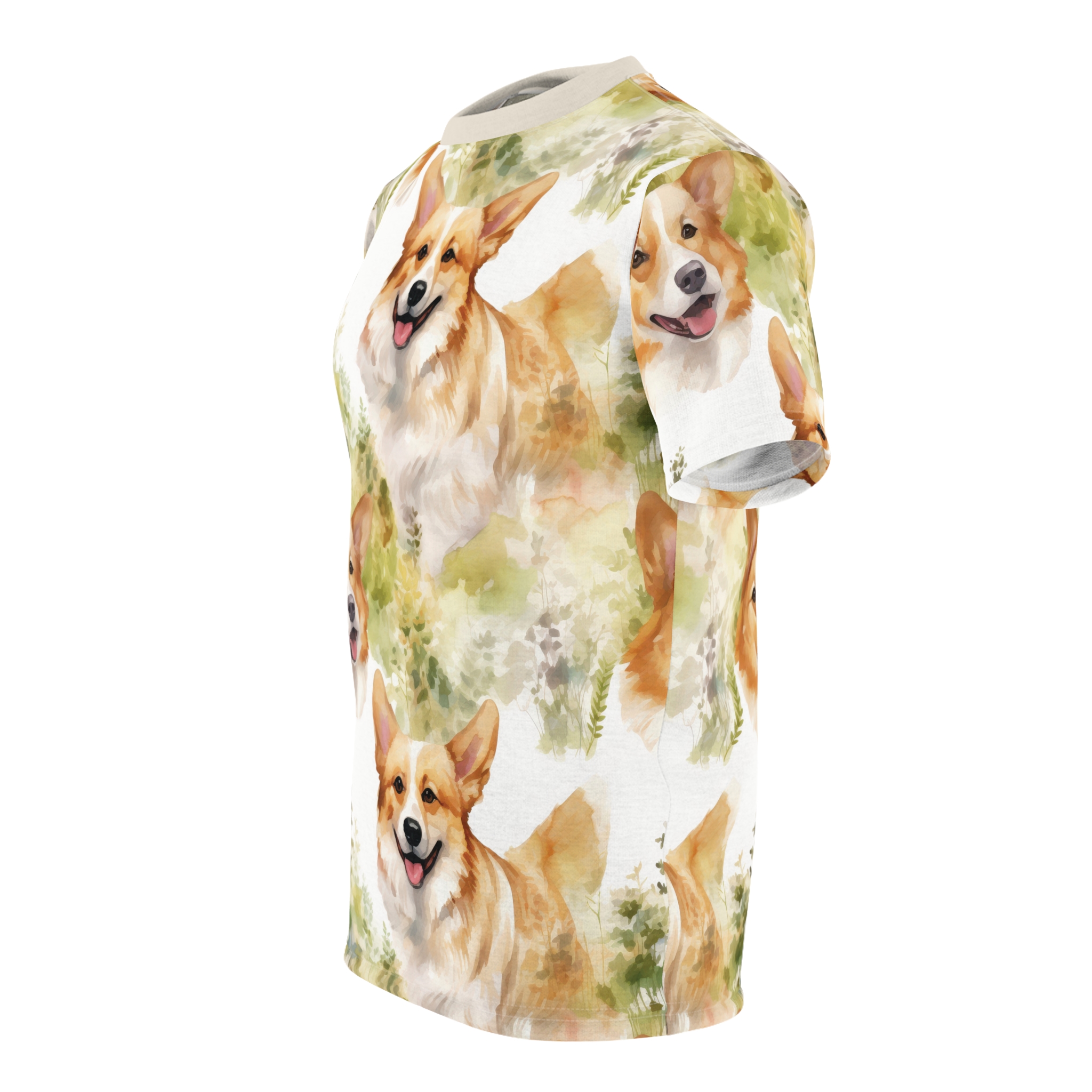 Brown and white corgis with green watercolor foliage cover this seamless pattern tee with a playful vibe.