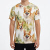 Watercolor corgis and lush greenery cover this oversized full print tee with a playful, outdoorsy vibe.
