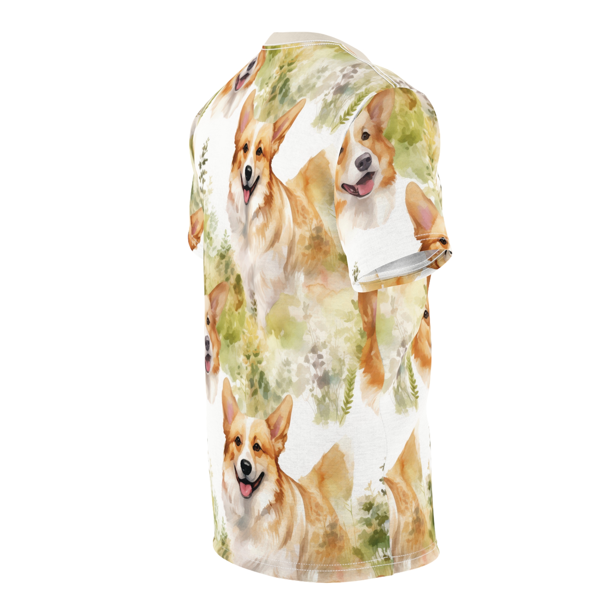 Watercolor corgis and green foliage fill this 3D graphic t-shirt.