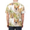 Watercolor corgis and green foliage cover this full print shirt, creating a playful and artistic dog pattern.