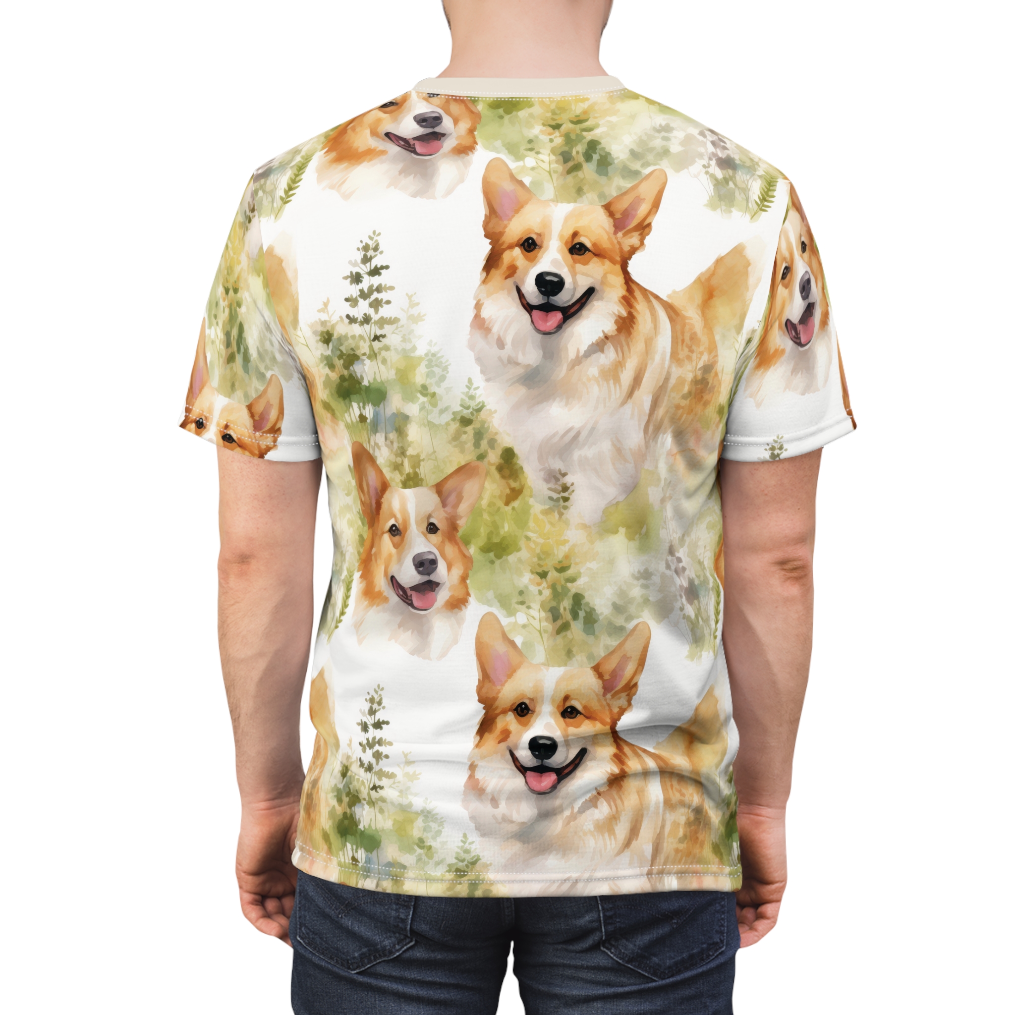 Watercolor corgis and green foliage cover this full print shirt, creating a playful and artistic dog pattern.