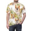 Watercolor corgis and green foliage fill this sublimation graphic tee with a playful, outdoorsy vibe.