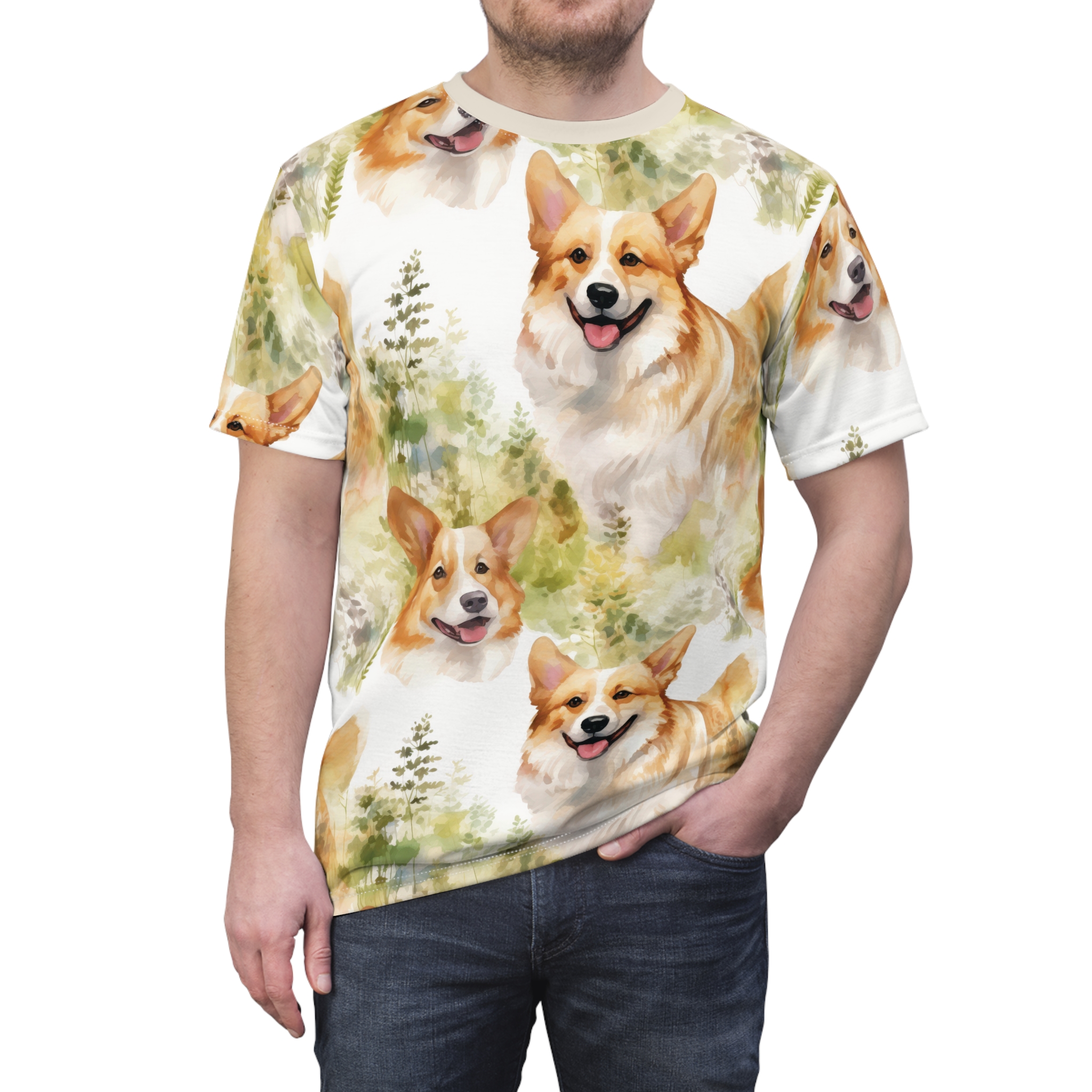 Watercolor corgis and green foliage fill this sublimation graphic tee with a playful, outdoorsy vibe.