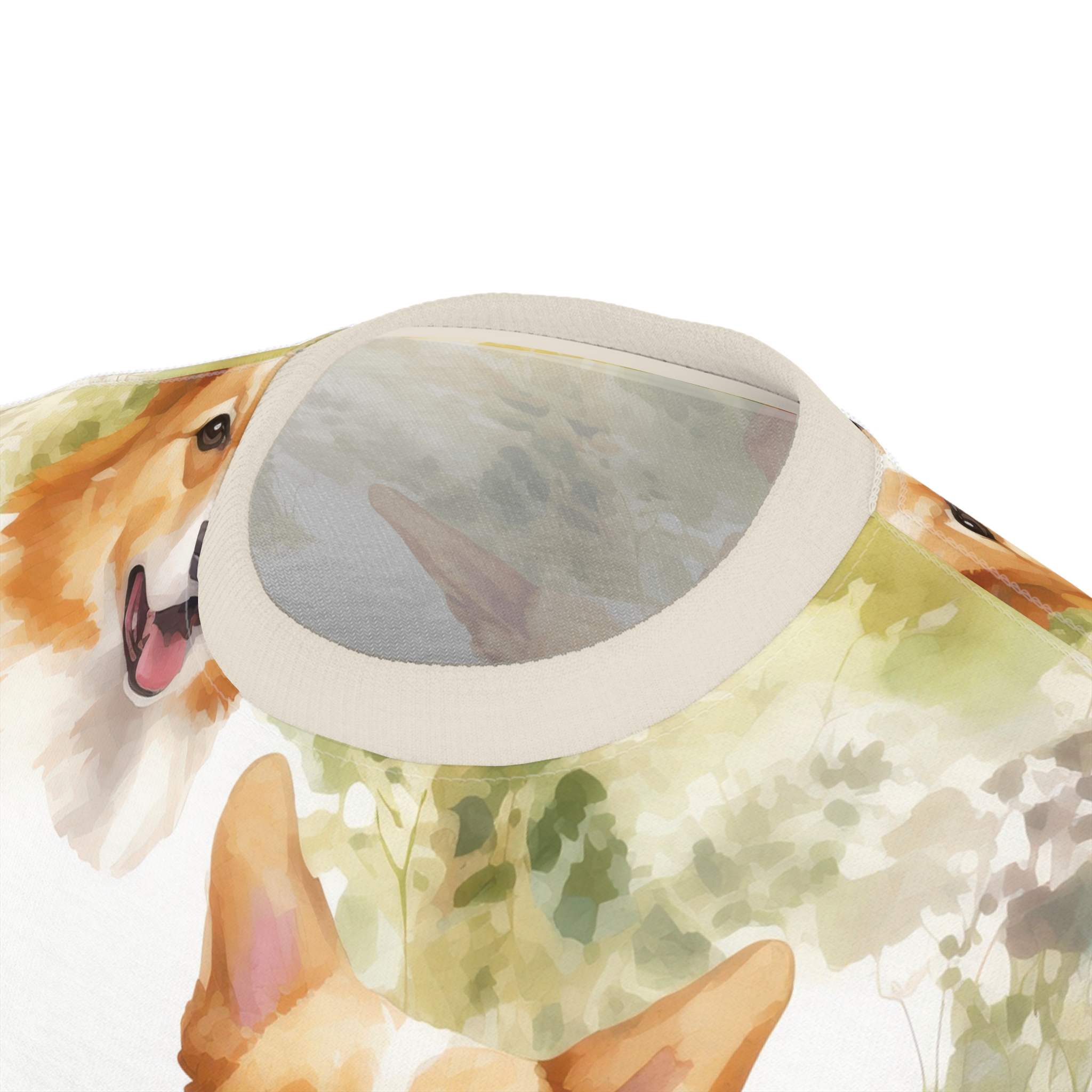 Watercolor corgi faces and green foliage cover this 3D graphic t-shirt with a playful vibe.