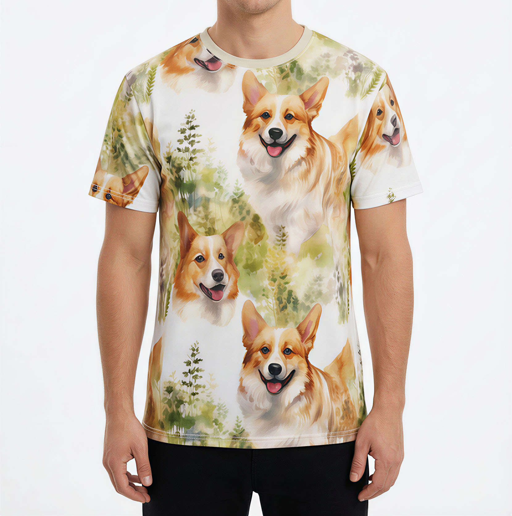 Watercolor corgis and lush greenery cover this oversized full print tee with a playful, outdoorsy vibe.