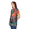 Cosmic demigod figure in water, surrounded by a trippy festival sunset all over print sublimation tee, wrap around graphic.