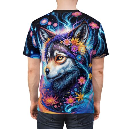 Trippy festival all over print sublimation tee with a celestial floral wolf graphic in vibrant galaxy blue colors.
