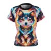 Cosmic Shiba Inu graphic sublimation tee, featuring a vibrant trippy festival all over print with celestial and fire elements.