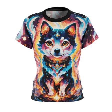 Cosmic Shiba Inu graphic sublimation tee, featuring a vibrant trippy festival all over print with celestial and fire elements.