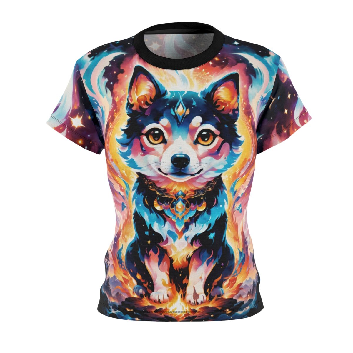 Cosmic Shiba Inu graphic sublimation tee, featuring a vibrant trippy festival all over print with celestial and fire elements.