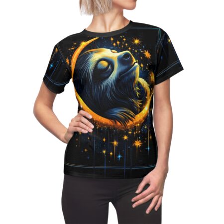 Deep blues and gold stars cover this full print shirt, depicting a sleeping sloth resting in a crescent moon.