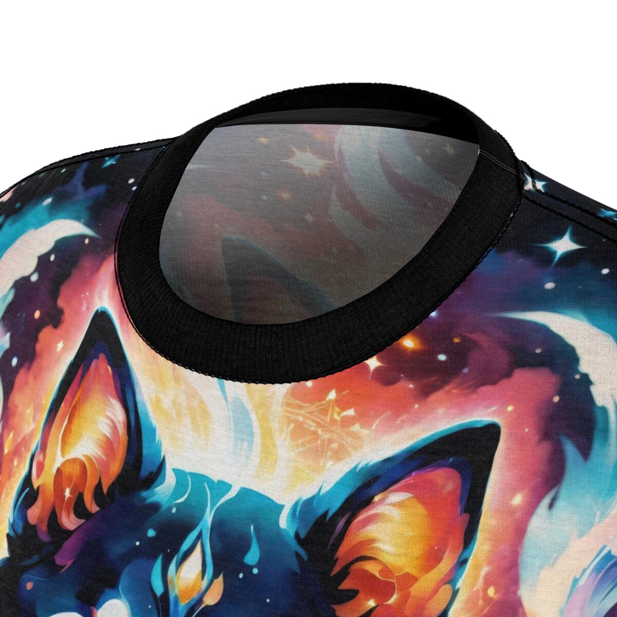 Cosmic wolf graphic all over print sublimation tee with vibrant nebula, stars, and moon.