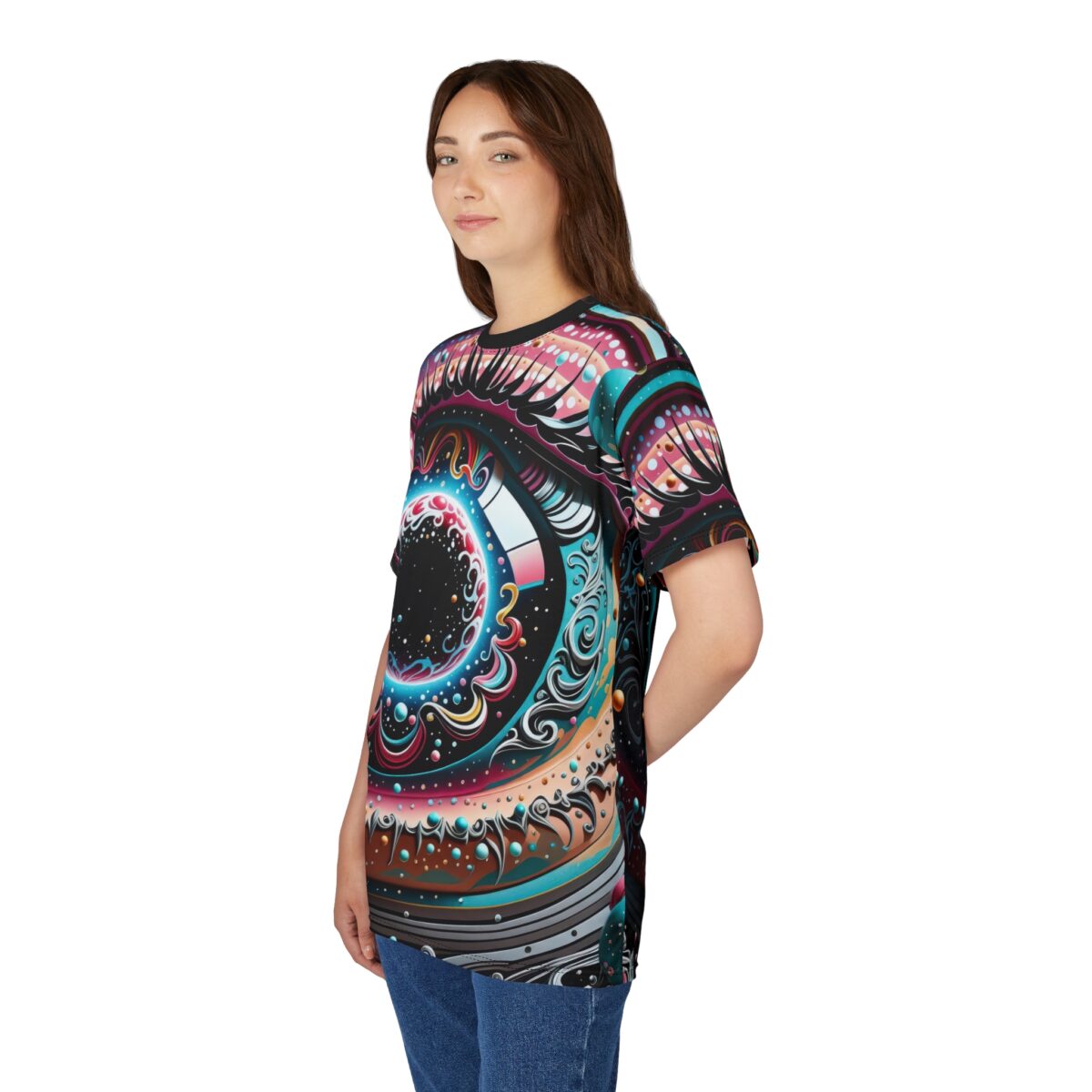 All over print sublimation tee, cosmic eye graphic, vibrant colors, abstract patterns, seamless print, celestial theme.