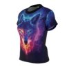 Sublimation all over print tee, spectral wolf graphic, glowing blue eyes, cosmic purple, blue, red smoke, seamless wrap around design, short sleeve, black trim.