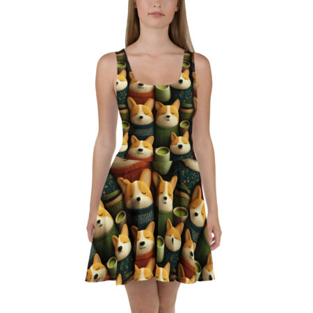 Cute corgi dog and matcha green tea all over print dress featuring a seamless retro repeat pattern design.