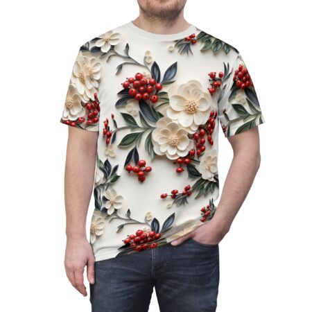 Creamy white flowers and bright red berries with dark green leaves cover this sublimation graphic tee, featuring a detailed botanical design.