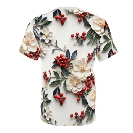 Creamy white quilled flowers and deep green leaves with bright red berries cover this oversized full print tee, creating a delicate botanical scene.