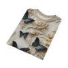 Creamy white and pale yellow floral textures with dark blue butterflies cover this all over print apparel, featuring delicate petals and flowing leaf designs.