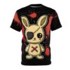 A black t-shirt with a graphic of a creepy, cartoonish bunny with an eyepatch, stitches, and red Xs on its chest, set against a background of red splatters.